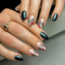 ANDGING Green Press on Nails Almond Short Medium Glue on Nails with Flower Leaf Design Fake Nails for Wedding Birthday Women Manicure Acrylic False Nails 24Pcs Gel Stick on Nail with Glue DKC88GL