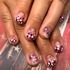 24Pcs Independence Day Press on Nails Short Square Fake Nails 4th of July Glitter Star Firework Designs Patriotic False Nails Red Blue White Polka Dot French Acrylic Nails Glue on Nails for Women