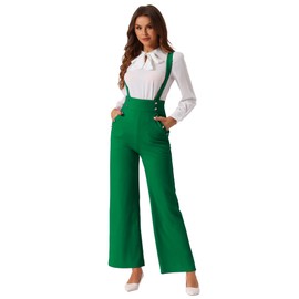 [Allegra K] Women's Suspender Jumpsuit Overalls Office Adjustable Straps Wide Leg, green (dark green)