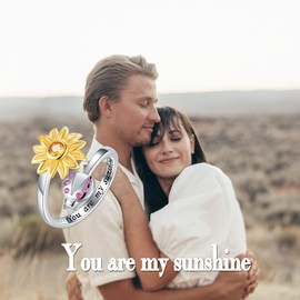 HUAIYU Sterling-Silver Ladybug Sunflower Ring Gifts - Engraved With You are My Sunshine Adjustable Sunflower Ring，Plated White Gold + 18k Gold Open Daisy Rings Jewelry Gifts for Women