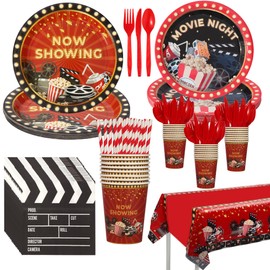 LASLU Movie Night Supplies,Drive In Movie Party Tableware Set Include Now Showing Plates, Movie Night Plates, Napkins, Tablecloth for Movie Night Party Decorations,16 Guests