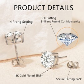 Impalsory Moissanite Stud Earrings, 3.0ct 7.5mm DF Color Brilliant Round Cut Lab Created Moissanite Earrings 18K White Gold Plated Silver Friction Back for Women Men