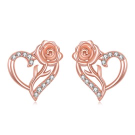 Rose Flower Stud Earrings for Women Rose Gold Plated 925 Sterling Silver Heart Earrings Hypoallergenic Floral Studs Jewelry Gifts for Wife Mother Grandma Christmas Birthday