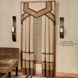 Delta Contemporary Luxury Washable Window Treatment | Sophisticated | Bronze, Champagne Gold, Golden Bronze | Pleated | Silky Polyester Satin | 4 Piece Set: Cornice Valance Set and 96L Curtain Pair