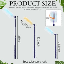 Maxcheck 180 Pcs 180° Disposable Dusters Refills Thickened Degree Heavy Duty Dusters Replacement Head with 3 Handles for Furniture Ceiling Cleaning (Blue, Orange, White)
