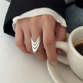 V Shape Multilayer Open Rings Minimalist Pointed Chevron Engagement Promise Dainty Adjustable Finger Wedding Band Stackable Eternity Ring Unique Cocktail Party Simple Jewelry for Women (Silvery, 8)