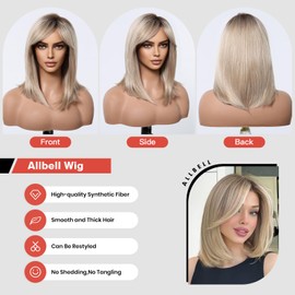 Allbell Blonde Wig Short Ombre Bob Wig With Curtain Bangs 14 inch Straight Bob Bangs Wig for Women Natural Looking Heat Resistant Synthetic Wigsfor Daily Use