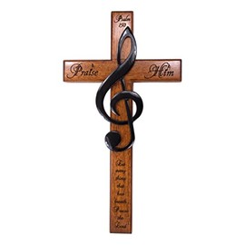H.J. Sherman Praise Him 12" Carved Wooden Solid Mahogany Wall Cross with Treble Clef and Scripture From Psalm 150
