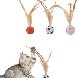 3PCS Sports Bouncy Tails Cat Toys Feather Bouncy Ball Cat For Cats Soccer Basketball Tennis Pets Interactive Feather Ball Toy - Color: 1 Set(3pcs)