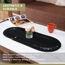 Modern Natural Jute Woven Table Runner, Braided Coffee Table Runner, Oval Table Runner for Dining Table or Patio (Black)