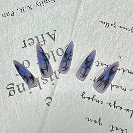 MISUD Press on Nails - Long Stiletto Glue on Nails with Goth Black Flame, Acrylic Gothic Ombre Design 24 pcs