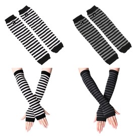 Weuiean XTT-66 Long Women's Arm Warmers, Set of 4, 2 Pieces, Cotton Blend, Thin Knit, Cold Protection, UV Protection, Arm Cover, Gloves, Stylish, Unisex, 2 Black White + 2 Black Grey