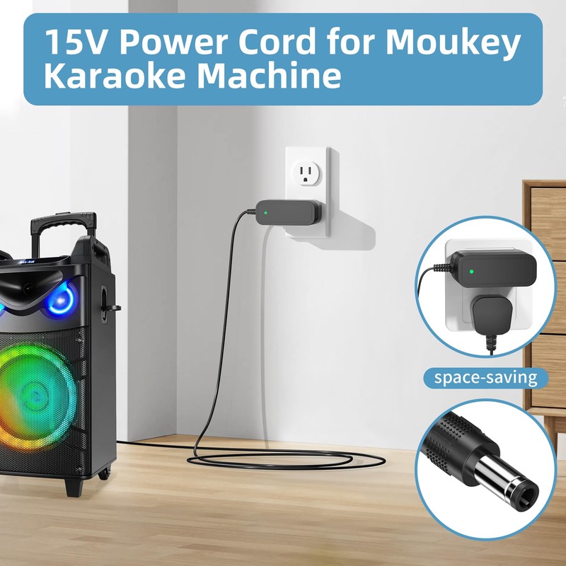 15V Charger for Moukey Karaoke Machine Power Cord Compatible with