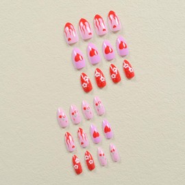 Red Press on Nails Almond Fake Nails Short False Nails with Heart Flower Design Glue on Nails Glossy Full Cover Stick on Nails Flame Acrylic Nails for Women Manicure 24Pcs