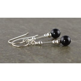 Small Black Onyx Gemstone & Sterling Silver Hook Drop Earrings with Gift Box