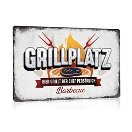 ESFIVHO Set of 5 Retro Tin Sign Grill – Grill Place Sign with Saying – GRILL REGEL UNSER BBQ Metal Sign Vintage Decoration – Wall Decoration Gift for Grillers Grill Master Kitchen Chefs 20 x 30 cm