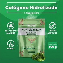 Colágeno Hidrolizado con Spirulina - 500 Gramos en Polvo - con Magnesio, Vitamina C y Biotina - Suplemento - Flow Supplements - Excelente Sabor