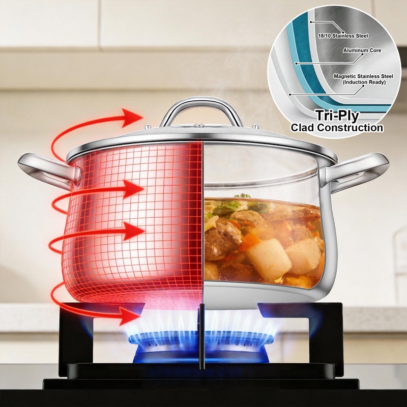 Tifanso 8QT Tri-Ply Stainless Steel Induction Stock Pot with Lid