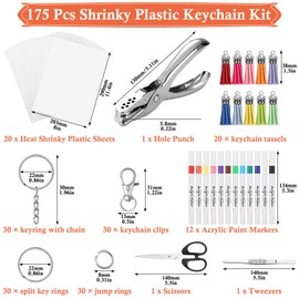 Flasoo 175 PCS Shrinky Plastic Sheets Kit, Including 20 Sheets Shrinky Art Paper, Acrylic Paint Markers, Tassels, Keychains, Hole Punch for Creative Crafts and Keychain Making