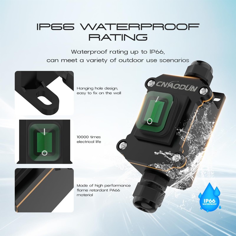 CNAODUN Waterproof Inline Cord Switch 20A-125V,16A-250V AC On Off Toggle