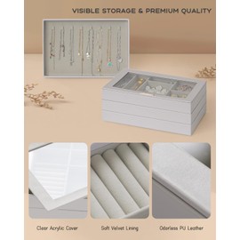PreTidy Large Jewelry Organizers and Storage Box, 4 Layers Stackable Jewelry Organizer Trays Clear Lid Cover for Drawers, Jewelry Boxes for Women, Stacker Jewelry Display Case