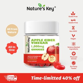 Nature's Key Apple Cider Vinegar Gummies -1000mg 60 Count (Pack of 1 or 2) Digestion, Natural Detox & Cleanse | Vegan, Gluten with Folic Acid Vitamin B6 B12:_2bottle/ box