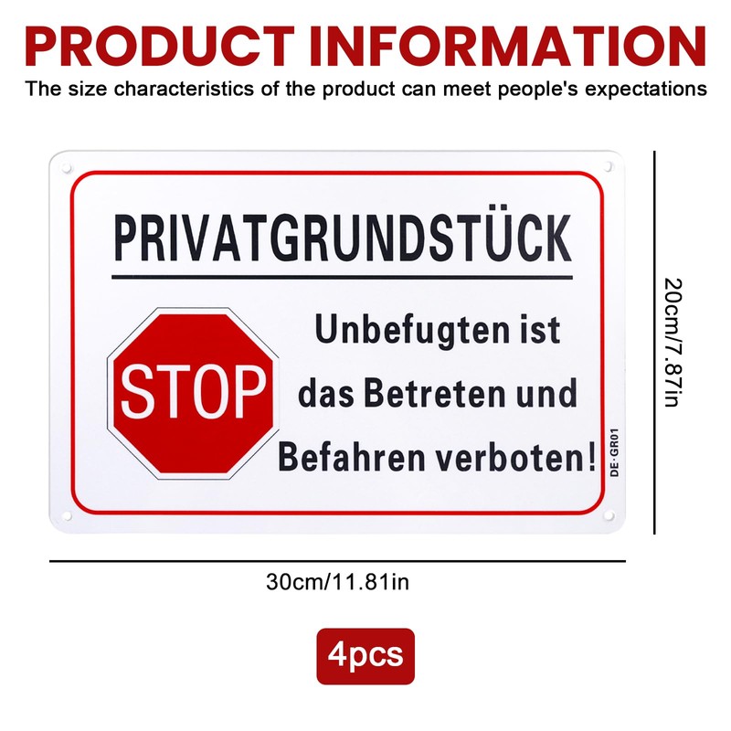 4 Stück Privatgrundstück Schilder Aluminium Reflektierend 20x30 cm, Schild Privatgrundstück