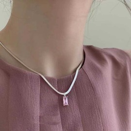 Wendalern Birthstone Necklace Pink Crystal Rectangle Choker Necklace Flat Herringbone Chain Necklace Silver Snake Chain Simulated Crystal Pendant Necklace Jewellery for Women Girls