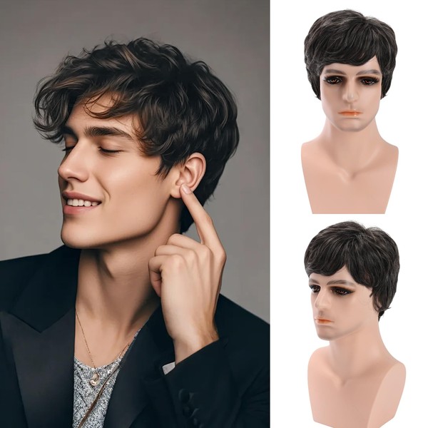 FAELBATY Short Wig for Men Short Wavy Mens Wig Realistic