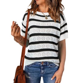 EVALESS Short Sleeve Sweater for Women Crewneck Casual Pullover Knit Tops Ladies Cute Striped Color Block Sweaters Womens Summer Outfits 2025 Fashion Spring Fall Clothes Black X-Large