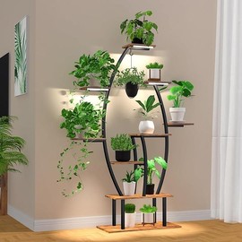 Correcstar Plant Stand with Adjustable Grow Light,9 Tier 59" Indoor Plant Shelf,Metal Display Storage Organiser,Leaf-Shaped Plant Rack for Home