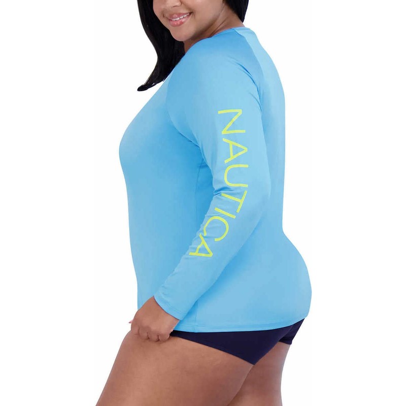 Nautica Women's Long Sleeve Rashguard Swim Top UPF 30+, lightblue,