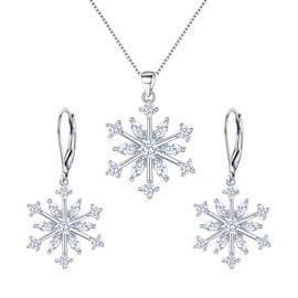 EVER FAITH Snowflake Jewellery Set Sterling Silver Zircon Winter Snow Christmas Necklace and Leverback Earrings Set, Sterling Silver Sterling Silver Cubic Zirconia, Zircon