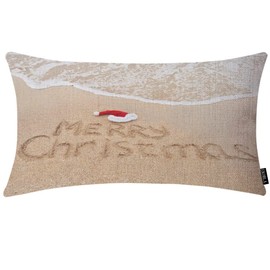 EKOBLA Merry Christmas Decorative Pillow Cushion Covers Xmas Quote Written On Tropical Beach Sand Oblong Rectangle Throw Pillow Cases for Sofa Bed Couch Cotton Linen 12x20 Inches