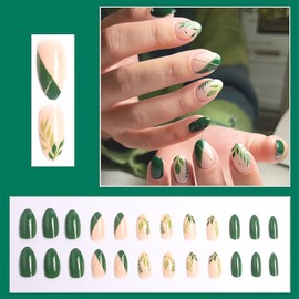Green French Tip Press on Nails Medium Almond Fake Nails St. Patrick's Day False Nails with Leaf Designs Glossy Stick on Nails Acrylic Artificial Nails for Women Girls Nail Art Decorations 24Pcs