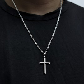 Rasetil 925 Sterling Silver Cross Necklace Beveled Edge for Men Women 3mm Stainless Steel Durable Wheat Chain Crucifix Pendant Necklace Jewelry 16 Inche