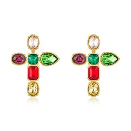 ENSKEFEN Trendy Vintage Cross Earrings for Women Vibrant Colorful Crystals Dangle Drop Earrings Bold Statement Earring