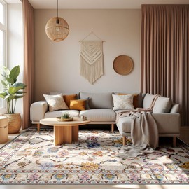 Boho Vintage Floral Area Rug 8x10 Antique White, Machine Washable Low Pile Polyester Rug, Soft Non-Slip Durable Carpet for Living Room, Bedroom, Office, Entryway