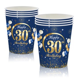 MORAINJAY 16Pcs Birthday Cups for 30,9oz/250ml Navy Blue Paper Cups for 30th Birthday Party,Party Cups for Men Women Her Him,Birthday Party Supplies Table Decor