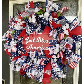 Patriotic God Bless America USA 4th of July Floral Deco Mesh Front Door Wreath, Memorial Day, Labor Day, Military, Fourth Decor, Indoor Outdoor, Porch Patio Decoration, RWB
