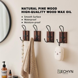 LECHYN Farmhouse Towel Hooks for Bathrooms, Heavy Duty Adhesive Mounted & Wall Mount Rustic Farmhouse Decorative Wood Wall Hooks for Hanging Towel Robe Coat