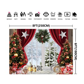Aisnyho Christmas Backdrop Winter Snow Scene Red Curtain Garland Gifts Tree Xmas Backdrops Background for Photography Family Party Decorations New Year Picture Banner (8x6FT)