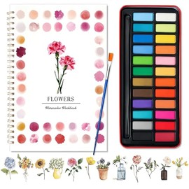 Libro de práctica de acuarela, Cuaderno De Acuarela Para Principiantes, Incluye pinceles, 24 tipos de pintura y cuaderno de trabajo, Apto para adultos