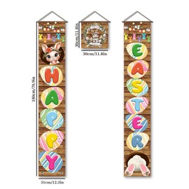 SUPERDANT Set of 3 Easter Egg Porch Banner Easter Bunny Hanging Sign Polyester Couplets Home Wall Decor for Holiday Ceremony Celebrating Party Decorations 30x180cm