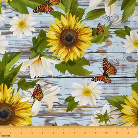 jejeloiu Tela de girasol por The Yard, tela de tapicería de mariposa para sillas, sofá, estampado de mariposas, flor botánica, grano de madera, tela impermeable, 3 yardas, amarillo celeste
