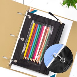 DoDoDoMagxanadu - Estuche para lápices con 3 anillos con tiradores de cierre, estuche transparente para ventana con remache, 3 anillos, color negro, paquete de 5