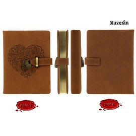 Mazeran Lock Journal, Heart Shaped Locking Leather Floral Embossing Hard Cover Gold Gild Edge Notebook Travel Diary, B6 Lined Lock with Key Personal Planner Organizer Gift for Girls Women Wife