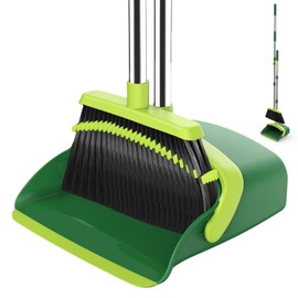 Broom and Dustpan Set, 52-in Long Adjustable Handle Broom Dustpan Combo with Dust pan Teeth to Automatically Clean Hair Suitable for Home Kitchen Office Hall Floor（Green）