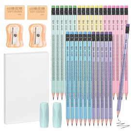 Szaboviktoria Pack of 30 Pencil with Eraser, Includes Two Sharpeners and Handle, Graphite Leads, Pre-sharpened Triangular HB Pencils, Suitable for School, Office, Writing, Sketching, Drawing