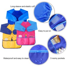 DERAYEE 3 Pieces Waterproof Long Sleeve Painting Apron Children's Craft Apron Painting Apron for 2-7 Years (Red, Yellow and Blue), Pack of 3